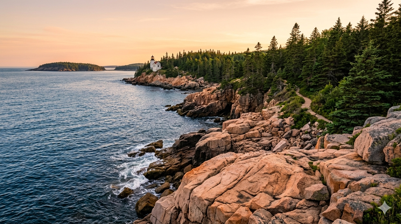 Acadia National Park coastal lighthouse on rocky shoreline with ocean views and evergreen trees
