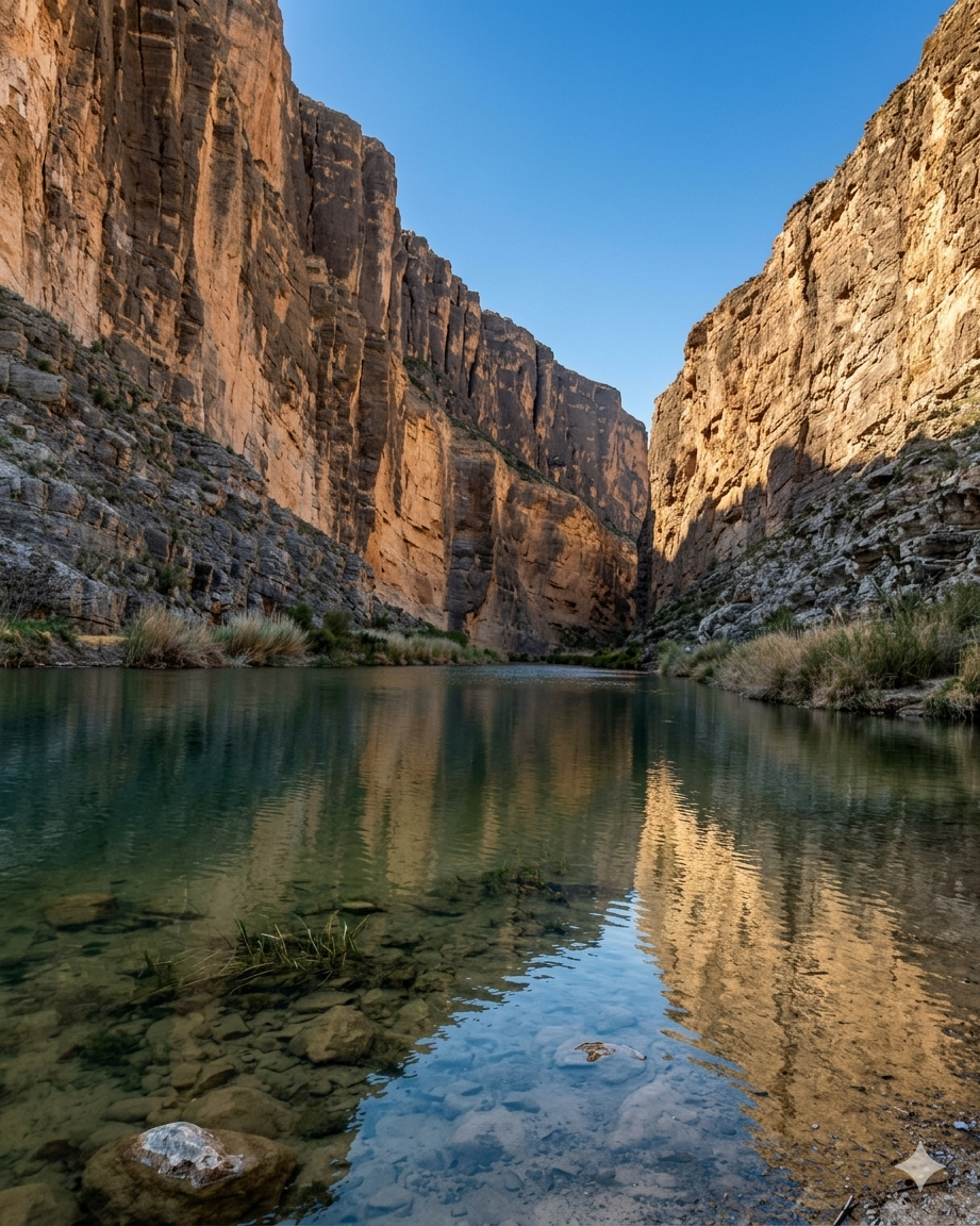 Big Bend National Park Santa Elena Canyon with sunlight on limestone canyon walls and reflective river below