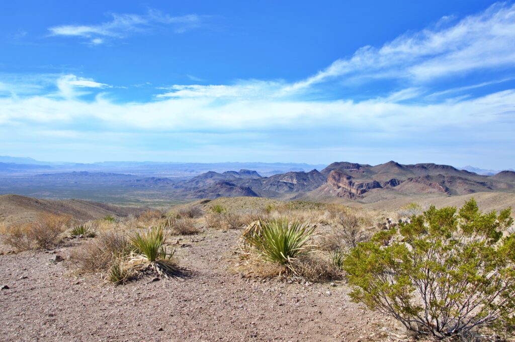 A wide desert view from Sotol Vista along Ross Maxwell Scenic Drive in Big Bend National Park, with layered mountains stretching toward the horizon