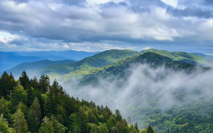 Misty mountain view in Great Smoky Mountains National Park with forested ridges and low clouds drifting through valleys