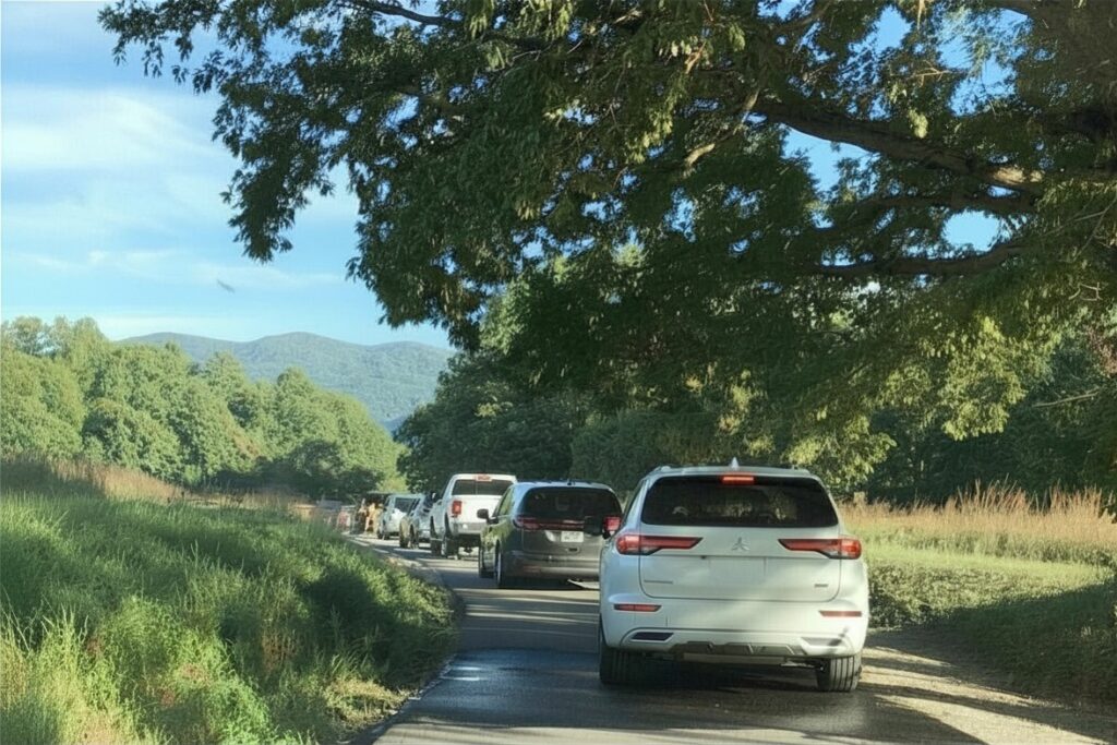 A line of cars stopped bumper-to-bumper on a narrow, tree-lined road in Cades Cove, with mountains visible in the distance