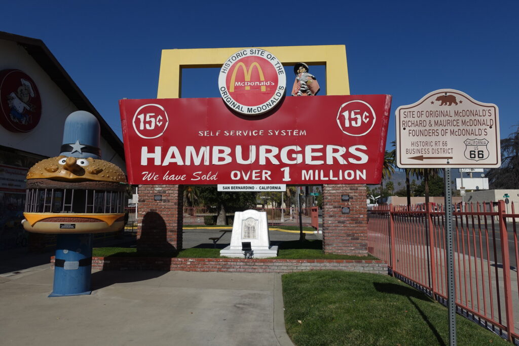 The original McDonald's museum sign and vintage hamburger character statue in San Bernardino California.