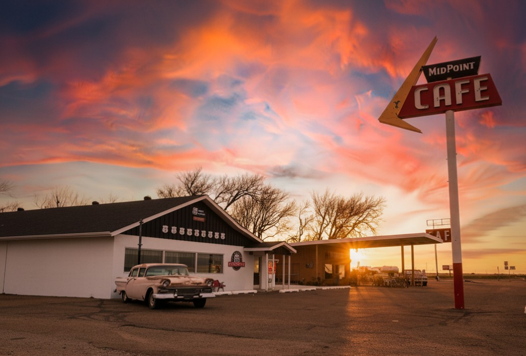 The Midpoint Cafe sign and building in Adrian, Texas, silhouetted against a vivid orange and pink sunset, with a vintage car parked out front