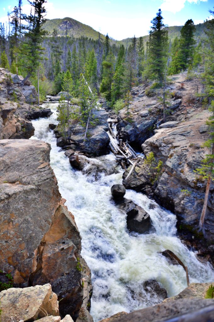 A powerful waterfall rushing through a narrow, rocky gorge lined with pine trees, with forested mountains visible in the background under a partly cloudy sky