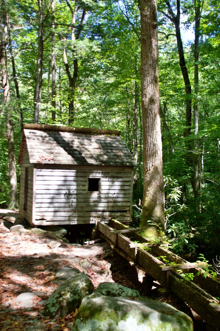 A small wooden mill building beside a stream on the Roaring Fork Motor Nature Trail, with a wooden aqueduct leading toward it through the forest
