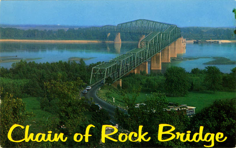 Vintage postcard of the Chain of Rocks Bridge, a steel truss bridge with a distinctive bend crossing the Mississippi River, surrounded by green trees