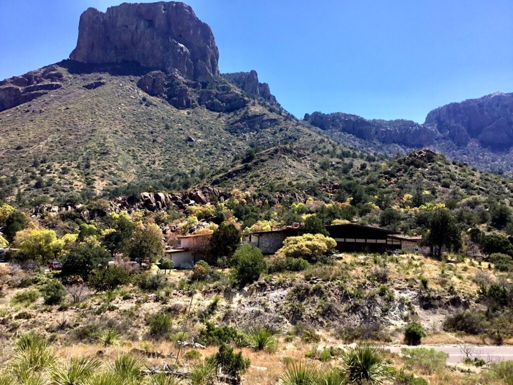 Chisos Mountains Lodge sits beneath Casa Grande peak in the Chisos Basin at Big Bend National Park