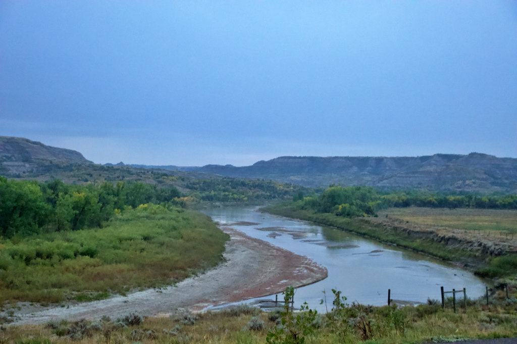 The Little Missouri River curving through the badlands at Oxbow Overlook in Theodore Roosevelt National Park's North Unit