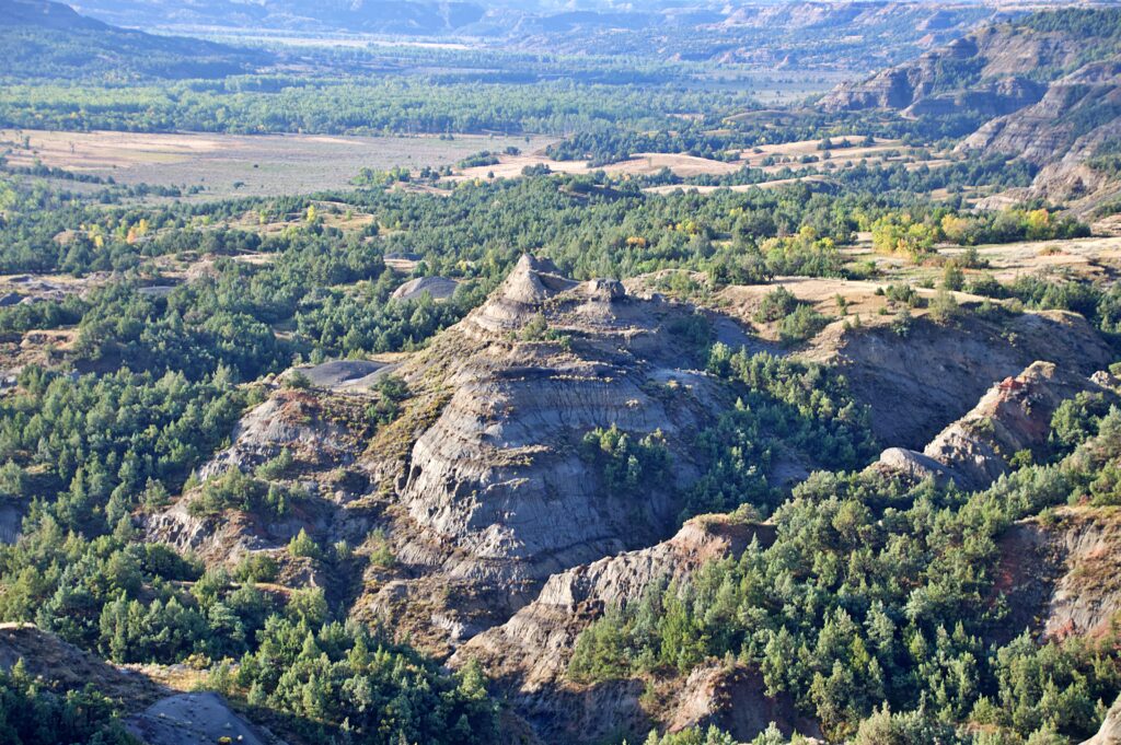 View from the Bentonitic Clay Overlook across the badlands and forested valley in Theodore Roosevelt National Park's North Unit